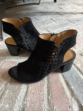 Black Suede Cutout Heel Sandals with Braided Detail size 9
